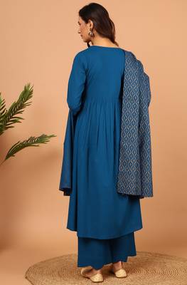 Blue Plain Cotton Kurta Set with Printed Dupatta 3