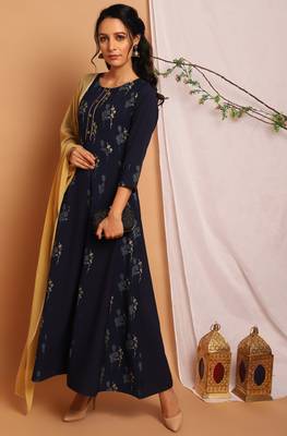 Navy blue floral print faux crepe salwar 1