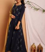 Navy blue floral print faux crepe salwar