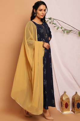Navy blue floral print faux crepe salwar 2
