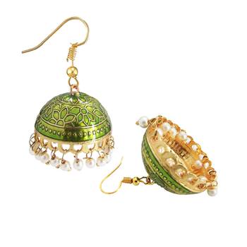 Gold Plated Olive Green Meenakari jhumkas 3