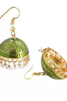 Gold Plated Olive Green Meenakari jhumkas