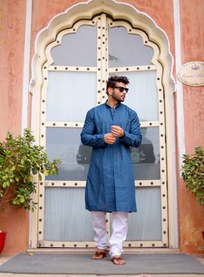 peacock Blue embroidered cotton kurta-pajama 1