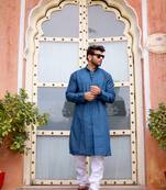 peacock Blue embroidered cotton kurta-pajama