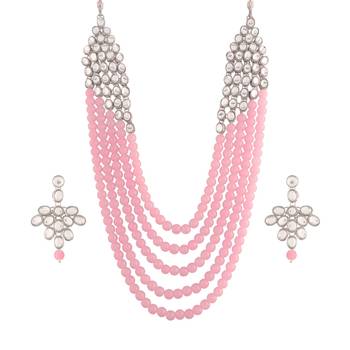 Pink beaded_jewellery Rhodium Alloy   Necklace   with Pair of Earring 1