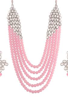 Pink beaded_jewellery Rhodium Alloy   Necklace   with Pair of Earring