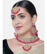 Pink beaded_jewellery Yellow Gold Alloy   Necklace   with Pair of Earring   Maang Tikka