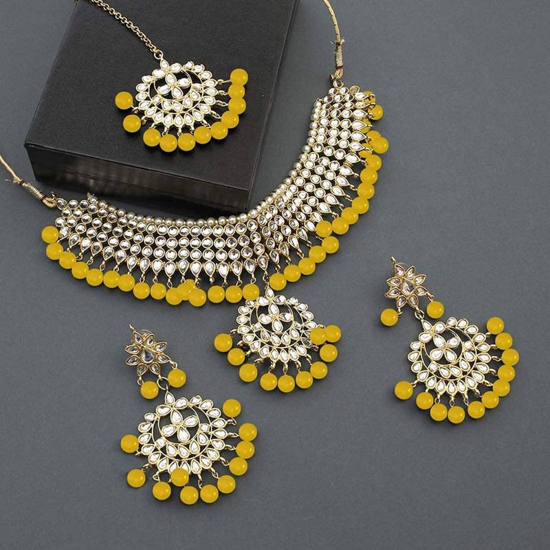 Yellow beaded_jewellery Yellow Gold Alloy   Necklace   with Pair of Earring   Maang Tikka