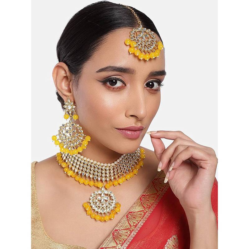 Yellow beaded_jewellery Yellow Gold Alloy   Necklace   with Pair of Earring   Maang Tikka