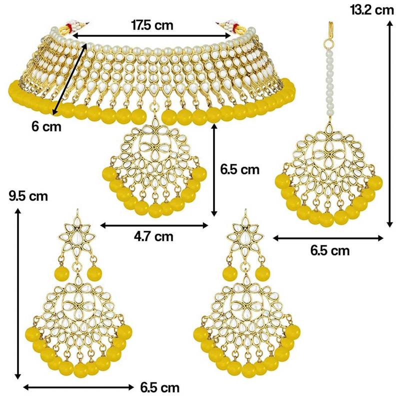 Yellow beaded_jewellery Yellow Gold Alloy   Necklace   with Pair of Earring   Maang Tikka