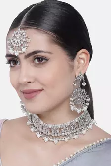 Silver beaded_jewellery Rhodium Alloy   Necklace   with Pair of Earring   Maang Tikka
