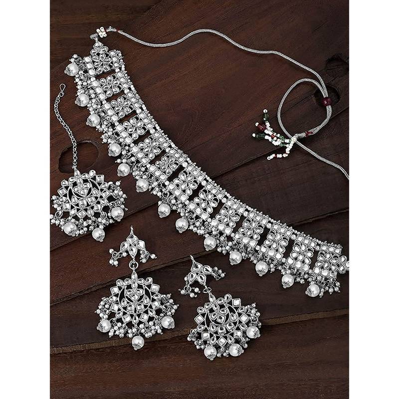 Silver beaded_jewellery Rhodium Alloy   Necklace   with Pair of Earring   Maang Tikka