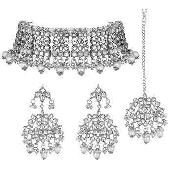 Silver beaded_jewellery Rhodium Alloy   Necklace   with Pair of Earring   Maang Tikka 4