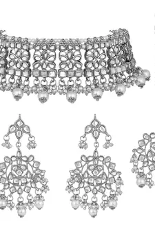 Silver beaded_jewellery Rhodium Alloy   Necklace   with Pair of Earring   Maang Tikka