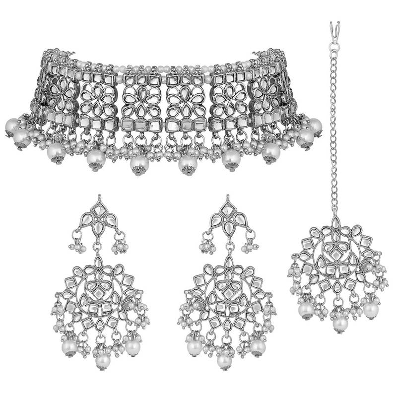 Silver beaded_jewellery Rhodium Alloy   Necklace   with Pair of Earring   Maang Tikka