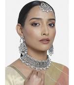 Silver beaded_jewellery Rhodium Alloy   Necklace   with Pair of Earring   Maang Tikka