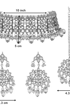 Silver beaded_jewellery Rhodium Alloy   Necklace   with Pair of Earring   Maang Tikka