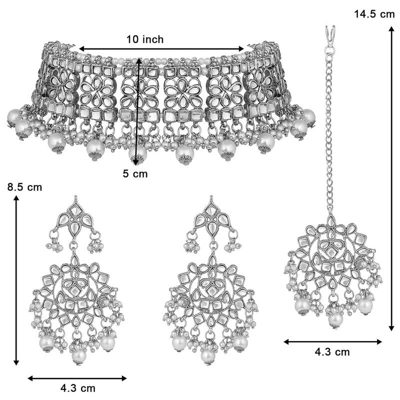 Silver beaded_jewellery Rhodium Alloy   Necklace   with Pair of Earring   Maang Tikka