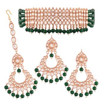 Green beaded_jewellery Rose Gold Alloy   Necklace   with Pair of Earring   Maang Tikka 1