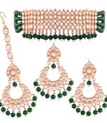 Green beaded_jewellery Rose Gold Alloy   Necklace   with Pair of Earring   Maang Tikka