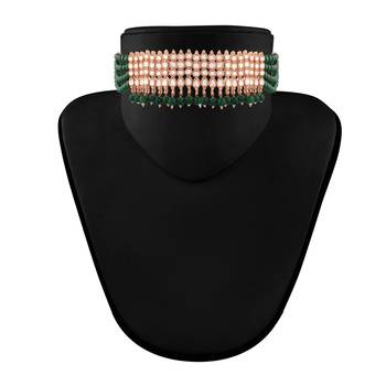 Green beaded_jewellery Rose Gold Alloy   Necklace   with Pair of Earring   Maang Tikka 2