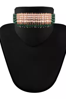 Green beaded_jewellery Rose Gold Alloy   Necklace   with Pair of Earring   Maang Tikka