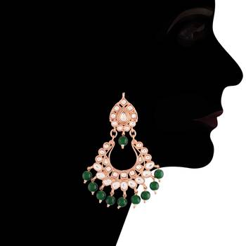 Green beaded_jewellery Rose Gold Alloy   Necklace   with Pair of Earring   Maang Tikka 3