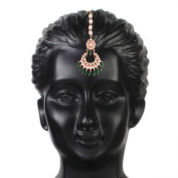 Green beaded_jewellery Rose Gold Alloy   Necklace   with Pair of Earring   Maang Tikka 4