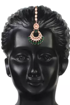 Green beaded_jewellery Rose Gold Alloy   Necklace   with Pair of Earring   Maang Tikka