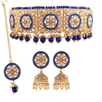 Blue beaded_jewellery Yellow Gold Alloy   Necklace   with Pair of Earring   Maang Tikka 1