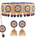 Blue beaded_jewellery Yellow Gold Alloy   Necklace   with Pair of Earring   Maang Tikka