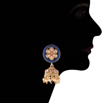 Blue beaded_jewellery Yellow Gold Alloy   Necklace   with Pair of Earring   Maang Tikka 3