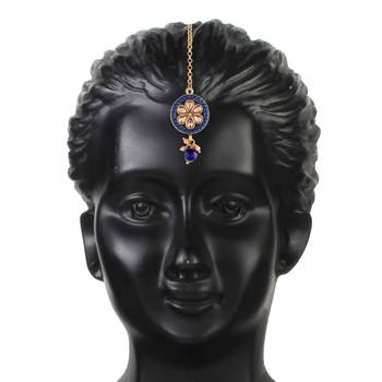 Blue beaded_jewellery Yellow Gold Alloy   Necklace   with Pair of Earring   Maang Tikka 4