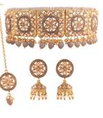 Grey beaded_jewellery Yellow Gold Alloy   Necklace   with Pair of Earring   Maang Tikka