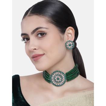 Green beaded_jewellery Rhodium Alloy   Necklace   with Pair of Earring 1