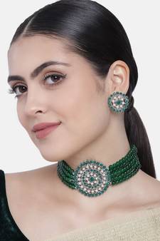 Green beaded_jewellery Rhodium Alloy   Necklace   with Pair of Earring