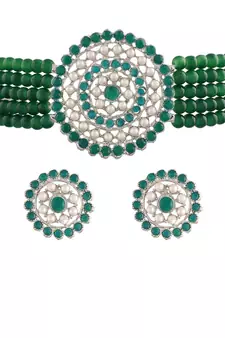Green beaded_jewellery Rhodium Alloy   Necklace   with Pair of Earring