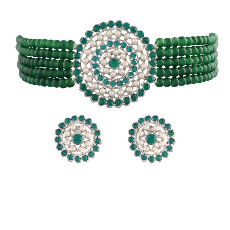 Green beaded_jewellery Rhodium Alloy   Necklace   with Pair of Earring