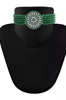 Green beaded_jewellery Rhodium Alloy   Necklace   with Pair of Earring