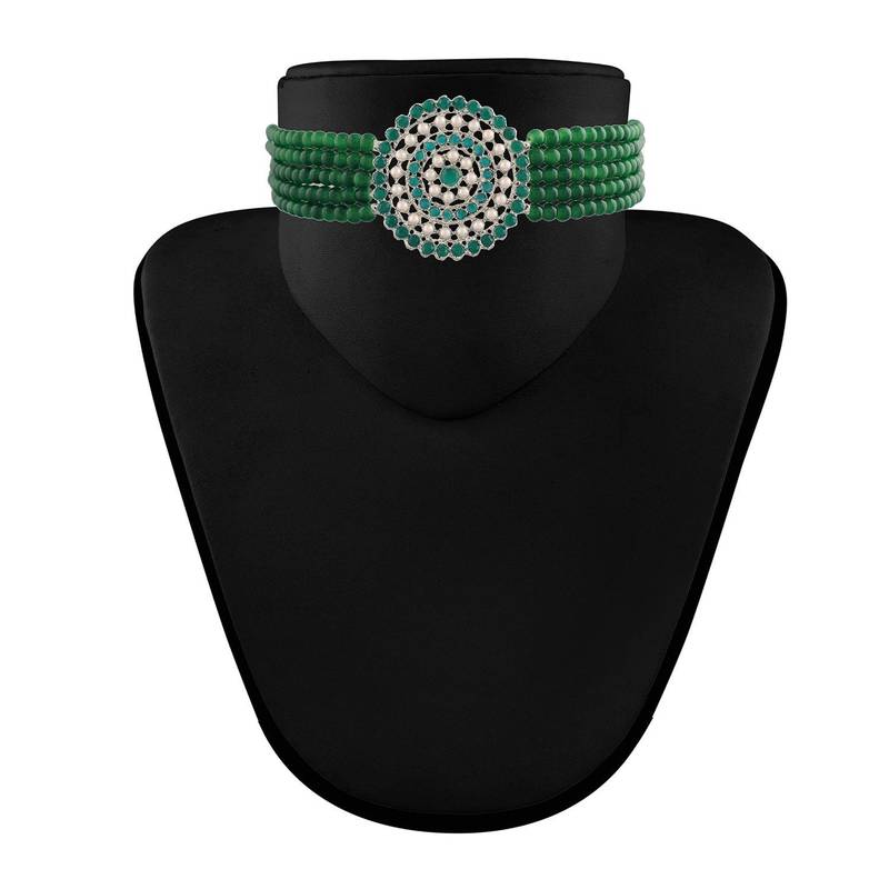 Green beaded_jewellery Rhodium Alloy   Necklace   with Pair of Earring