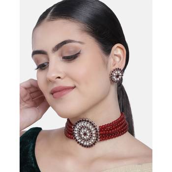 Maroon beaded_jewellery Rhodium Alloy   Necklace   with Pair of Earring 1