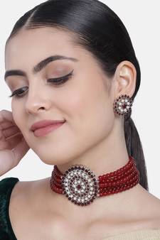 Maroon beaded_jewellery Rhodium Alloy   Necklace   with Pair of Earring