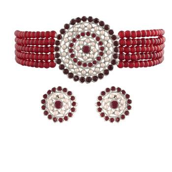 Maroon beaded_jewellery Rhodium Alloy   Necklace   with Pair of Earring 2