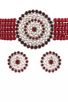 Maroon beaded_jewellery Rhodium Alloy   Necklace   with Pair of Earring