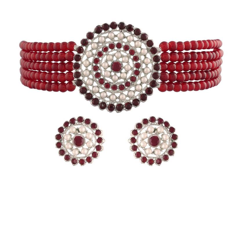 Maroon beaded_jewellery Rhodium Alloy   Necklace   with Pair of Earring