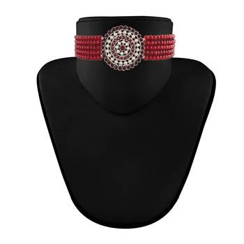 Maroon beaded_jewellery Rhodium Alloy   Necklace   with Pair of Earring 3