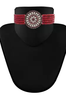 Maroon beaded_jewellery Rhodium Alloy   Necklace   with Pair of Earring