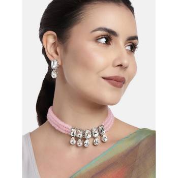Pink beaded_jewellery Rhodium Alloy   Necklace   with Pair of Earring 1