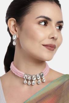 Pink beaded_jewellery Rhodium Alloy   Necklace   with Pair of Earring