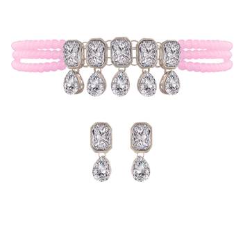 Pink beaded_jewellery Rhodium Alloy   Necklace   with Pair of Earring 2